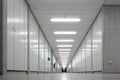 Long empty illuminated interior hallway. Vanishing perspective, bright neon lights, vertical cabinets lined side wall. Underground