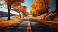 Long Empty Road with Fall Foliage and Trees, Autumn Drive. Generative AI