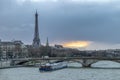 Long exposure of amazing sunset in Paris, with Seine river and Eiffel tower Royalty Free Stock Photo