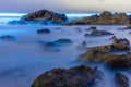 Long exposure of Beautiful Blue Bioluminescence on some rocks in the water at Scripps Coastal Reserve.