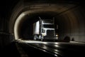 Long exposure of big rig modern semi truck with semi trailer running in a dark tunnel at night long exposure Royalty Free Stock Photo