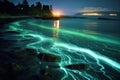 long exposure of bioluminescent waves creating light trails