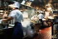 Long exposure blurred motion of professional chefs cooking in a busy restaurant kitchen wearing white hats and aprons - Generative