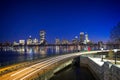 Long exposure of Boston skyline at night with Charles river and Memorial drive Royalty Free Stock Photo