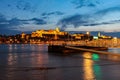 Long exposure of Buda Castle at night, above the Danube River, in Budapest