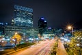 Long exposure of buildings and traffic on Light Street at night, in the Inner Harbor, Baltimore, Maryland. Royalty Free Stock Photo