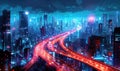 Long exposure of bustling city traffic with colorful lights at night. Generate AI Royalty Free Stock Photo