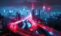 Long exposure of bustling city traffic with colorful lights at night. Generate AI Royalty Free Stock Photo