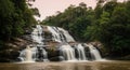 Long Exposure Waterfall in Deep Rainforest. Serene Waterfall with Untouched Wilderness Mood. Pastel Sky Over a Cascading Multi- Royalty Free Stock Photo