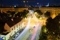 Long exposure of car lights and city skyline in Wien, Austria, at night - view from a rooftop Royalty Free Stock Photo