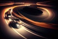 long exposure of cars racing around track, with the lights and shadows creating a dramatic effect