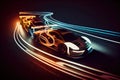 long exposure of cars racing around track, with the lights and shadows creating a dramatic effect