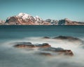 Long exposure during the day on a beach in Lofoten Islands, Norway Royalty Free Stock Photo