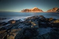 Long exposure during the day on a beach in Lofoten Islands, Norway Royalty Free Stock Photo