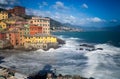 Long exposure of Genoa Boccadasse, a fishing village and colorful houses in Genoa, Italy.