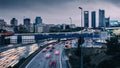 Long exposure of heavy commuter highway traffic on the A1 highway in Las Tablas looking towards the Cuatro Torres