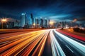 Long exposure high speed traffic light trails over a highway, Motorway and Junction in big city. High speed motion blur, light Royalty Free Stock Photo