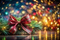 Long Exposure Holiday Bow and Greenery Pattern A Festive Still Life Captured with Artistic Blurring for a Stunning Royalty Free Stock Photo