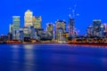Long exposure, illuminated cityscape in Canary Wharf, London Royalty Free Stock Photo