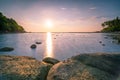 Long exposure image of Dramatic sky seascape with rock in sunset or sunrise sky scenery background Amazing light nature landscape Royalty Free Stock Photo