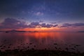 Long exposure image of dramatic sunset or sunrise,sky clouds over tropical sea and milky way galaxy. Royalty Free Stock Photo