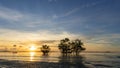 Long exposure image of dramatic sunset or sunrise sky and clouds over mountain with trees in the sea. Royalty Free Stock Photo