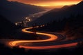 AI illustration of a winding road through a mountain range, illuminated by long light trails. Royalty Free Stock Photo