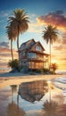 Long exposure images of Sunset Beach with Cottage and Plam Trees