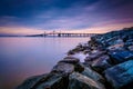 Long exposure of a jetty and the Chesapeake Bay Bridge, from San