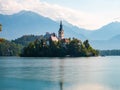 Long exposure of Lake Bled Slovenia, early morning, cloudy day, reflections in the water Royalty Free Stock Photo
