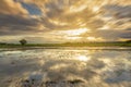 Long exposure landscape with clouds moving rice field and sunset Royalty Free Stock Photo