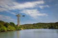 Long exposure Landscape image of Mayem Lake in Goa with the bungee jumping structure on display, Jumpin heights bungee jumping lan