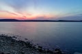 Long exposure landscape scenic view twilight evening river shore line without people here peaceful nature environment space with Royalty Free Stock Photo