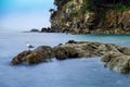 Long exposure of Larrabee Bay with a seagull on the rocks in Bellingham, WA Royalty Free Stock Photo