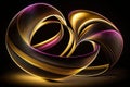 Long exposure light painting photography, curvy lines of vibrant neon pink purple and metallic yellow gold against a black
