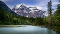 Long Exposure makes the Robson River look smooth with in the background the clear peak of Mount Robson