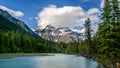 Long Exposure makes the Robson River look smooth with in the background the clear peak of Mount Robson