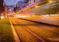 Long Exposure of Metro Subway Tram Passing By in Porto, Portugal. Evening, Night, Light Rail