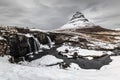 Long exposure of mountain with waterfall foreground in winter