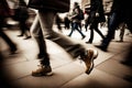 Long exposure movement shot of people\'s legs walking among the crowd in the city.