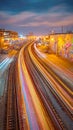 Long Exposure of Multiple Railway Tracks Curving Through an Urban Area at Twilight, Creating Dynamic Light Trails of Passing Royalty Free Stock Photo