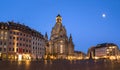 Long exposure of the Neumarkt square and Frauenkirche Church of Our Lady in Dresden on clear night, city square with unrecogniza Royalty Free Stock Photo