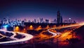 Long exposure of night city. Car motion trails on road. Speed light streaks background with blurred Royalty Free Stock Photo