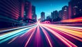 Long exposure of night city. Car motion trails on road. Speed light streaks background with blurred Royalty Free Stock Photo