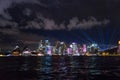 Long exposure night shot of the city center of the Sydney skyline looking over the opera house during vivid