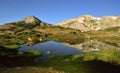 Long exposure night shot of the Medicine Bow Mountains of Wyoming, alpine lake, and stars