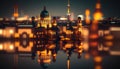 long exposure of an old berling with cathedral reflection on the river bluer and lights Royalty Free Stock Photo