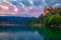 Panoramic evening view of Pilgrimage Church of the Assumption of Maria. Summer scene of lake Bled, Julian Alps, Slovenia, Europe. Royalty Free Stock Photo