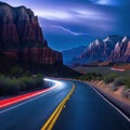 long exposure photo of highway at night with light streaks on the road and Royalty Free Stock Photo