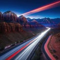 long exposure photo of highway at night with light streaks on the road and Royalty Free Stock Photo